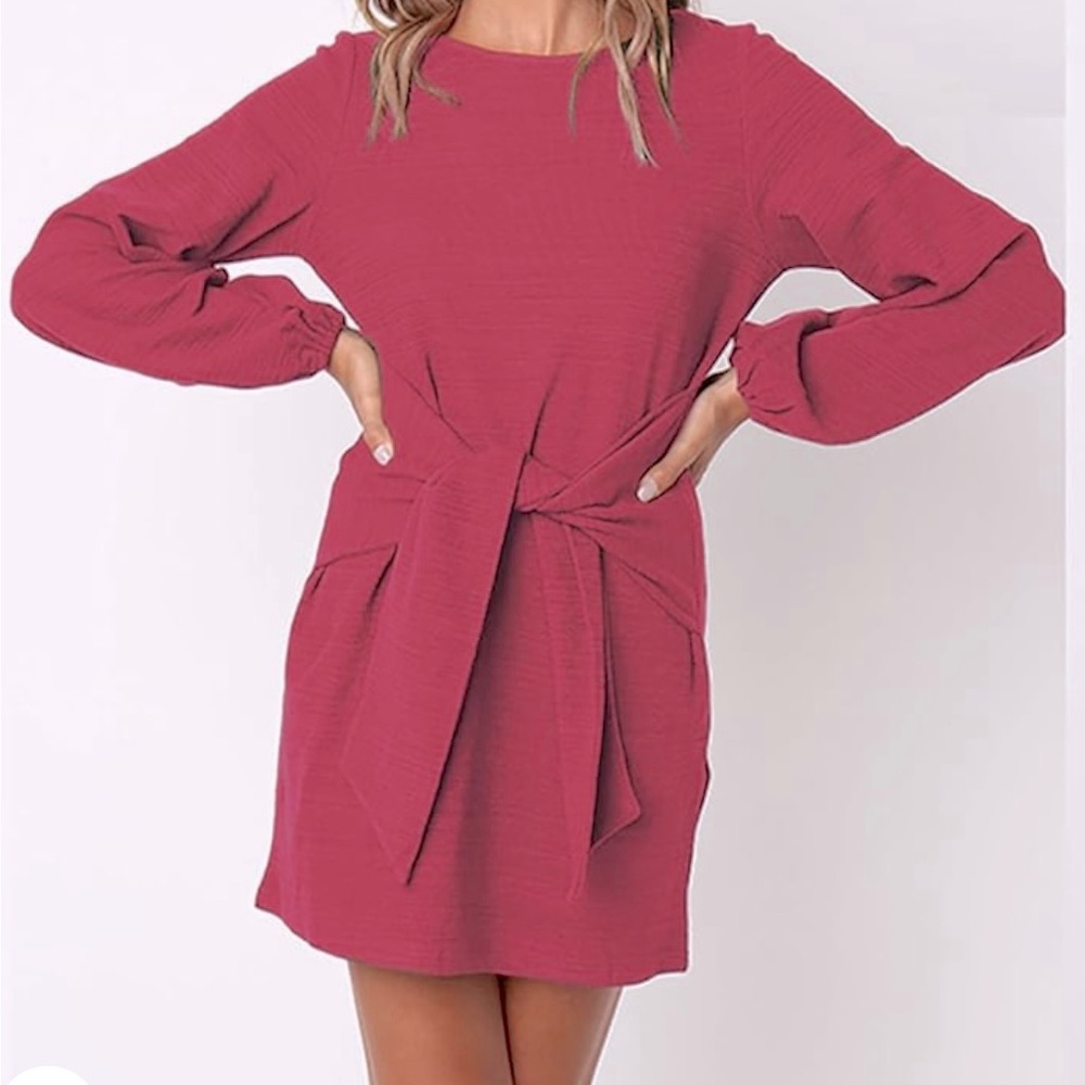 Red Crewneck waist tie cocktail mid dress